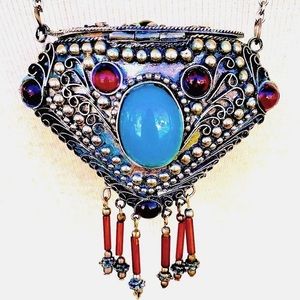 Vintage Beaded Filagree Sterling Silver Antique Tibetan Gau Box Pendant Necklace